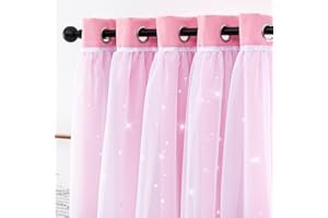 QINUO HOME Eyelet Curtains & Sheer - Kids Blackout Curtain with Hollow Out Design Mix Net Voile for Small Window Nursery Star Drapes for Girl's Room, 2 PCs, 90 in by 54 in, PINK LYON