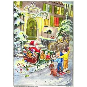 Calendrier de l'Avent 24 portes 297 x 210 mm – Scène de neige Père Noël sur son traineau – Translucide avec paillettes et Windows – rs27 – Design Antique Allemand traditionnel