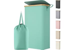 Lifewit Smal Tvättkorg med Lock, 70 L, Blå Grön | Extra Platt Bambu Tvättkorg med Avtagbar Tvättpåse och Handtag, Klädkorg för Sovrum, Badrum och Tvättstuga