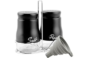 Fyfjur Saliera E Pepiera, 1 Set Saliera Da Tavola In Acciaio Inossidabile, Saliera con Supporto e Imbuto in Silicone, Saliera Da Cucina Per Zucchero, Spezie, Sale E Pepe, Nero