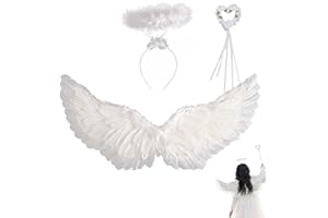 JINYJIA Engelsflügel Weiß,Engel Kostüm Kinder mit Heiligenschein und Zauberstab,Engelskostüm Damen Vielseitig für Cosplay,Feste,Fotografie und Besondere Anlässe