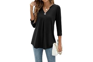 YloveM Blusa para Mujer Cuello en V Manga 3/4 Camisas Casuales Elegantes Túnica Top Color Sólido Blusas de Trabajo Largas Camisas