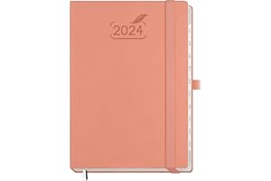 BEZEND Agenda 2024 A5 Couverture Rigide en Cuir PU [Rose] Agenda Semainier Vertical avec 100 g/m Papier Certifié FSC® | Planner 2024 Spirale avec Onglet Mensuel