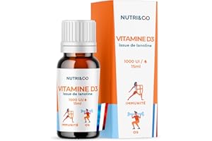 NUTRI & CO Vitamine D3 issue de Lanoline - 1000 U.I par Goutte - 2000 UI/j - Flacon 15ml - Santé des Os & Immunité - pour Adultes et Enfants - Fabriqué en France
