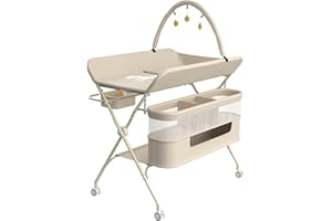 OHMG Table à Langer Pliable, Plan à Langer avec Panier Latéral et roulettes et 3 Jouets,Organiseur de Couches 5 Réglable en Hauteur, Rangement Multifonction pour Chambres d'enfant，75x68x83-91cm