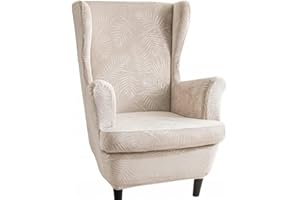 Domidekor Wing Chair Cover - Armchair Protector Beige with Palm Leaves - Stretch Armchair Cover - Strandmon Armchair Cover - Armchair Cover Elastic Velour Dirt-Repellent - Oeko-Tex 100