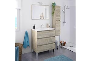 INBAGNO Mobile bagno a terra 80 cm, 3 cassetti serie Oasi, colore rovere alaska, COMPLETO di lavabo in ceramica e specchiera