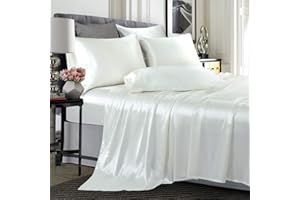TREELY 4-teiliges Satin-Bettlaken-Set für Doppelbett, seidig glatt, elfenbeinfarben, weißes Satin-Bettlaken-Set mit tiefer Tasche, Satin-Spannbetttuch, Bettlaken, 2 Satin-Kissenbezüge