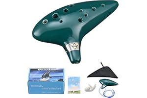 LIEKE Ocarina 12 Holes Alto C Ceramic Piccolo with Display Stand Song Book Neck-Strap Bag (Dark Green)