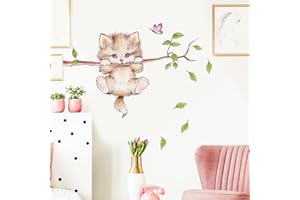 WandSticker4U®- Adesivi murali GATTO sul RAMO cameretta bambini (70x55 cm) I Murales adesivi parete gatto gattino albero ramo animali dolci I Decorazioni sticker muro camera da letto bambini