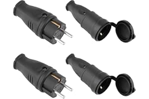 GLIROWY Schukostecker und Schukokupplung, Schutzkontaktstecker, 2er Pack Schutzkontakt Set mit Knickschutz, Kann für 0.5-3cm² Kabel, IP44, 250V, 16A