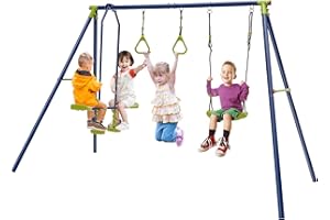 COSTWAY Portique Balancoire Exterieur Enfants 3-en-1 avec 1 Face à Face, 2 Anneaux, 1 Balancelle, Balancoire Portique Metal pour Enfant Charge 200kg pour Jardin, Parc, pour Garçon Fille de 3 à 10 Ans
