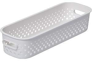 SmartStore Cesta de almacenamiento delgada de 1,3 L, color blanco, para cocina, baño, oficina, organizador de juguetes, contenedor con asas, encajable, 29,5 x 10 x 6,5 cm