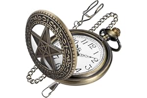 Tiong Hollowed Out Pentagram Quartz Men's Pocket Watch, Arabic Numeral White Dial Pocket Watch with Chain