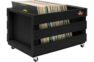 SONESTA - Cassetta Dischi Vinile in Legno - Scatola portaoggetti di vinili con ruote per 80-100 dischi LP - Cassa di stoccaggio vintage per vinili a 33 giri LP | Record Box XL - 46x33x26cm