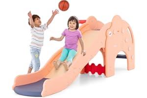 COSTWAY Zjeżdżalnia outdoorowa, 4 w 1 zjeżdżalnia, tunel, kosz do koszykówki i drabina, słoń, zjeżdżalnia dziecięca do użytku wewnątrz i na zewnątrz, dla dzieci od 18 miesięcy