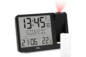 ADE Sveglia digitale radiocontrollata con proiezione e sensore esterno | orologio con visualizzazione della temperatura, data e giorno della settimana in italiano | incl. cavo di rete | nero