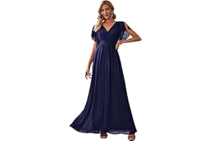 Ever-Pretty Robe pour Mariage Invité Longue Femme Col V Mousseline A Line Manches Courtes Plissé Chic EE0164A