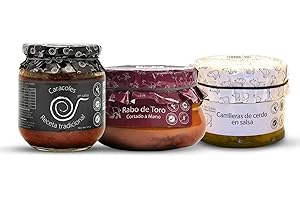 OBRADOR LOS CARACOLES Pack de Conservas Gourmet Artesanas: 1 Rabo de Toro 640g, 1 Carrilleras al Vino Blanco 440g y 1 Caracoles en Salsa 550g – Recetas Familiares Ideal para Regalo – Hecho en España con Sabor Tradicional
