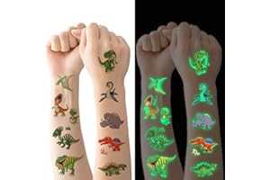 FLYFTREY 10 hojas Tatuajes Temporales para Niños, Dinosaurio Tema Tatuajes que brillan la oscuridad, Tatuajes Regalos de Cumpleaños Festivales Fiestas Gift Bag Filler para Niñas Niños Regalos