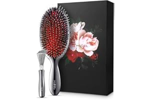 MIŠEL MISEL - Spazzola per capelli con setole di cinghiale e spazzola per la pulizia, per donne e uomini, districa capelli naturali sottili o spessi, riduce la rottura, ideale per capelli mossi e lisci,