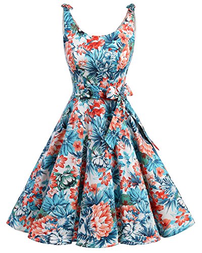 Bbonlinedress Vintage rétro 1950's Audrey Hepburn Robe de soirée Cocktail année 50 Rockabilly,Blue Red Flower XS