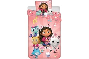 Jerry Fabrics Parure de Lit Gabby et la Maison Magique, 100% Coton, Housse de Couette 140x200 cm + Taie d'oreiller 65x65 cm