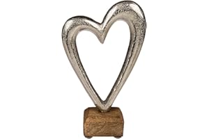OOTB Metalowe serce na drewnianej podstawie, srebrne, 17 cm