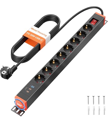 Kopp Powerversal Multiprise 3 Prises, 1,40 M, 3600 W/16 A, 90 ° Gedrehte Ports, Multiprise Avec Interrupteur Et Contact De Protection, Montage Mural, Argent/Noir, 226020017