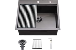 Bokaiya Évier Cuisine 1 Bac Noir, Évier Inox 1 Bac avec Égouttoir Énroulable Distributeur Savon Tamis et Bouchon, 64 x 55 cm Évier Cuisine 1 Bac Inox 304, Évier Cuisine Montage à Encastré 2 Trous