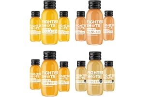 Fighter Shots Vitality Mixed Pack (12x60ml)| Ginger/Ginger Turmeric/Ginger Collagen/Ginger Manuka | 100% Natural | Perfect Morning/Post Workout Pick Me Up | No Preservatives | Fresh Ginger Shots