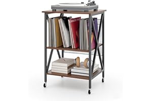 GIANTEX Soporte para Tocadiscos con Estación de Carga, 52 x 45 x 75 cm, Mesa Auxiliar con Espacio para Almacenar Discos de Vinilo, con 4 Ruedas, Estantería de Discos para Salón, Dormitorio (Marrón)