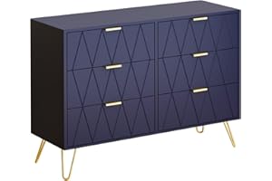 UEV Commode à 6 Tiroirs, Meuble de Rangement Chambre Adulte/Enfant, Longueur 100cm, Motif Ligne avec Couleur Spécial Bleu Marine, Buffet Salon, Style Scandinave Elégant, 100 x 34 x 73cm