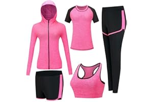 ZETIY Tute da Ginnastica Donna Set, 5 Pezzi Abbigliamento Sportivo Donna Tuta da Fitness Sportwear per Pilates Yoga Jogging Gym Workout Ginnastica