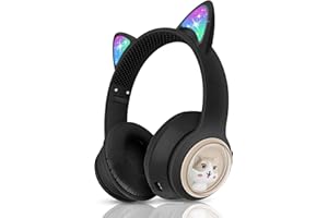 WOUKKSY Słuchawki Bluetooth dla Dzieci, Składane Słuchawki Nauszne dla Dziewcząt 85 dB, Bezprzewodowe Słuchawki dla Dzieci z Oświetleniem LED Kocie Uszy i Mikrofonem do Szkoły/Tabletu/Telefonu (Czarny)
