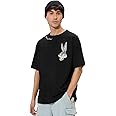 The Souled Store Bugs Bunny: What's Up Doc Men and Boys Short Sleeves Round Neck Black Graphic Printed Cotton Oversized T-Shirts