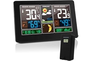 VORRINC Wetterstation Funk mit Außensensor,Wettervorhersage,Farbdisplay,Innen Aussen Digital Thermometer,Hydrometer Feuchtigkeit, DCF Empfangssignal Funkuhr,Mondphase (Schwarz)
