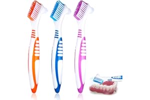WY LIGHTING LEVEL 3 spazzole rigide per protesi, 3 colori di alta qualità, per la pulizia della protesi, spazzolino da denti a doppio lato con setole multistrato e manico in gomma antiscivolo (viola, arancione, blu)