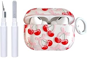 Reownest für AirPods 4 Generation Hülle mit Reinigungsset Cute Aesthetic Kirsche Bowknot Muster Design Stoßfeste Schlüsselbund Abdeckung Soft Kopfhörer Handyhülle für AirPods 4 -Rot