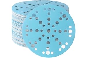 FASTPLUS 50 Pièces Disques Abrasifs 150mm 49 Trous Grain 180 Céramique Bleu Papier à Poncer Anti-Poussière Dos Disque de ponçage pour dépoussiérage bois métal voiture