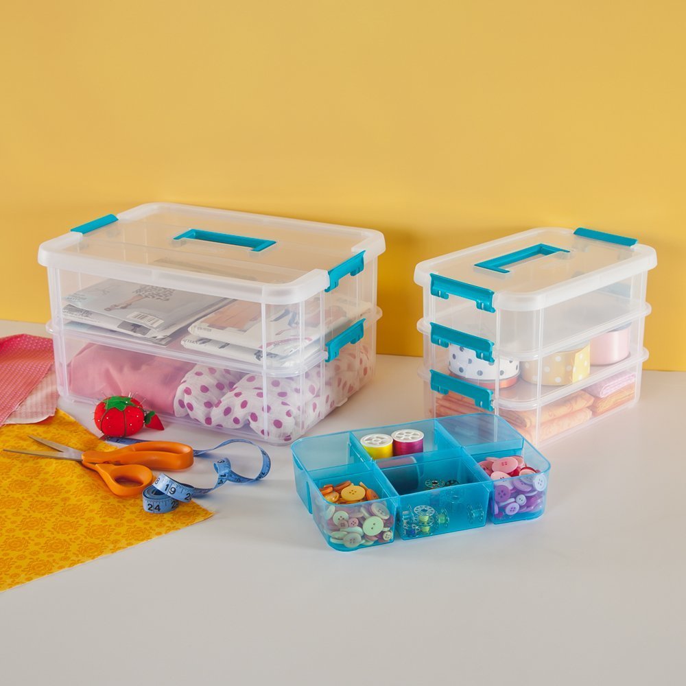 ABOUT SPACE 3 Tier Virgin Plastic Carry Box for Storage with Removable Tray - Transparent Medicine Organizer with Lid & Latch Buckles Stackable Box for Stationery (Assorted - L 26 x B 17 x H 19 cm) - Image 3