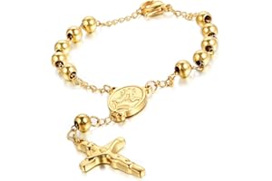 Cupimatch Stainless Steel Cross Necklace: Unisex Rosary Beads Pendant Vintage Necklace Catholic Cross Necklace for Men Women