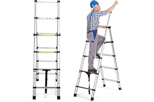 Cecaylie Scala telescopica 1,4 m + 1,7 m, 4 + 5 gradini, in alluminio, stabile, allungabile, antiscivolo, per arrampicata/ufficio, fino a 150 kg, colore: argento