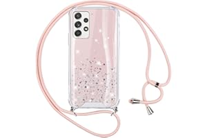 Vauki Funda con Cuerda para Samsung Galaxy A52s/A52 4G/5G 6.5”, Glitter Brillante Carcasa con Correa, Silicona Transparente Case con Ajustable Collar, Rígida PC Cordón Caso para Samsung A52s 5G, Rosa