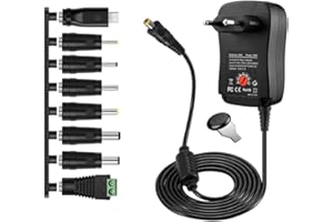 Shentian Cargador de CA de Fuente de alimentación Universal 12V 9V 7.5V 6V 5V 4.5V 3V 1000mA 1A 2A Fuente de alimentación de CC de Voltaje múltiple con 8 Puntas(30W)