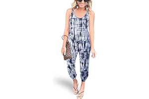 REORIA Women Summer Casual Sleeveless Tank Top Elastic Waist Loose Jumpsuit Rompers with Pockets