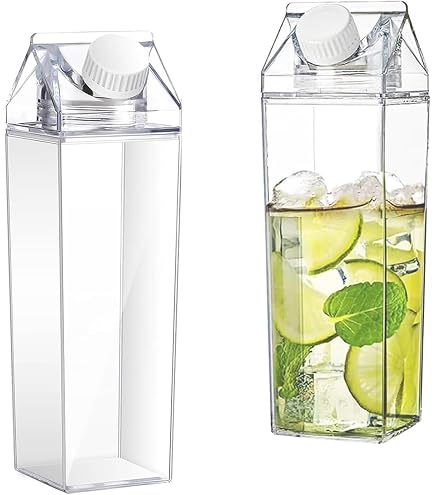 2 X Milk Carton Water Bottles, 1000ml Clear Carton, High