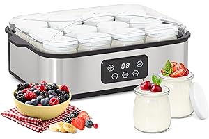 Todeco Yaourtière Électrique avec 12 Pots en Verre de 180ml, Machine à Yaourt Maison en Acier Inoxydable, Écran LCD, Thermostat Réglable et Minuterie, pour Préparer du Yaourt Grecs et Aromatisés