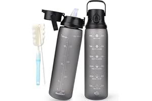 GXCROR Butelka na wodę o pojemności 1 l ze słomką, bez BPA, szczelna, sportowa butelka na wodę z motywacyjnym znacznikiem czasu, duża butelka na napoje, idealna na siłownię, do szkoły, biura i na