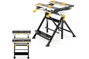 TANGZON Folding Workbench, 7-Level Height Adjustable Flip Top Work Table with 8 Sliding Clamps, 2 Rotary Clamping Handles & Foot Pedal, Work Bench Tool Stand Saw Horse (Yellow, 75 x 60 x 103cm)